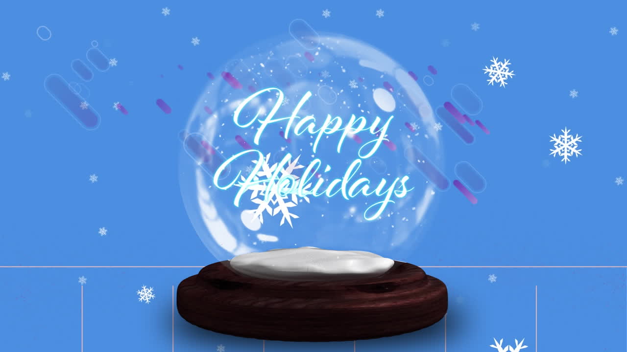 animación de nieve y manchas de luz sobre el globo de nieve con texto de felices vacaciones
