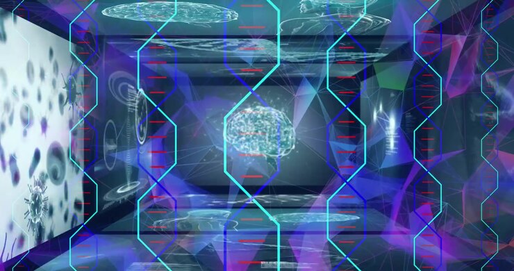A digital video displays a hypnotic tunnel of interacting green light trails.