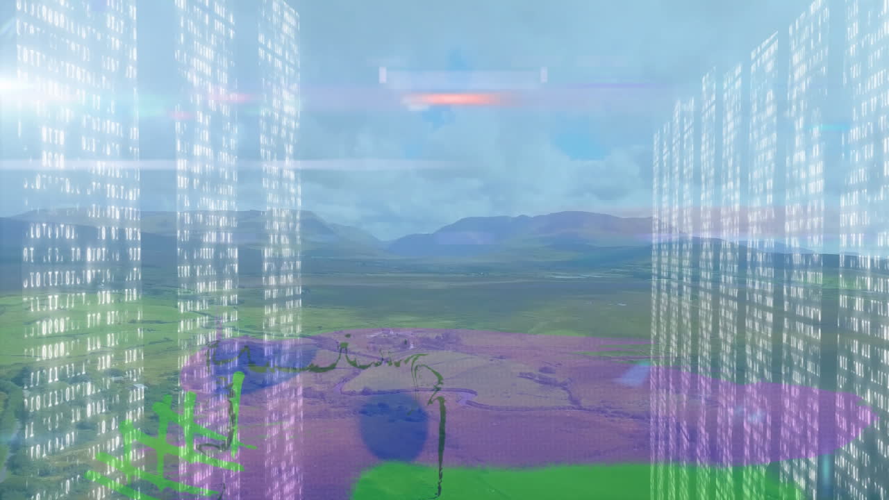 Binary code animation over scenic landscape with mountains and fields