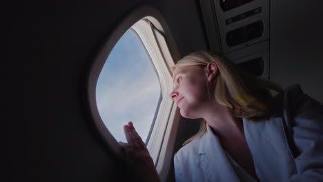 Erfolgreiche-Junge-Frau,-Die-In-Einem-Flugzeug-Fliegt-Und-Aus-Dem-Fenster-Schaut