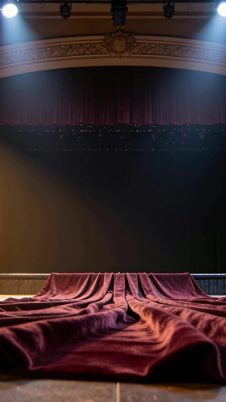 Video verticale: faretti che si accendono, illuminando un drappo di velluto bordeaux sul palco, preparazione per la rivelazione