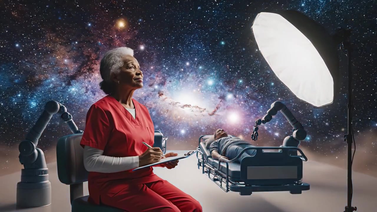 Zdravotnický profesionál dokumentující péči o pacienta uprostřed futuristických a kosmických obrazů ve sci-fi inspirovaném lékařském prostředí