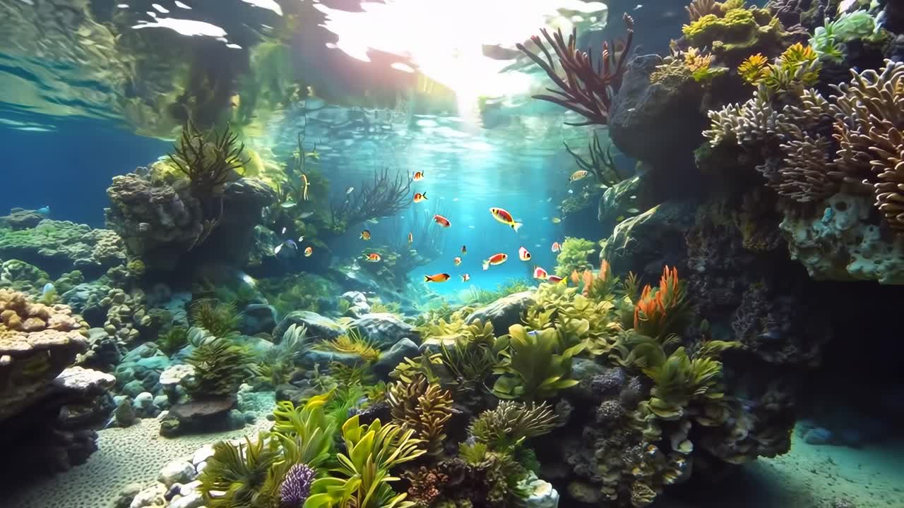 Adegan video bawah air terumbu karang yang hidup dengan ikan warna-warni, diambil dari sudut rendah.