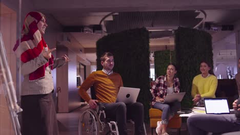 muslim woman in a modern open space coworking office giving a presentation to team. middle eastern arab businesswoman in creative startup office. disabled businessman in a wheelchair on team meeting