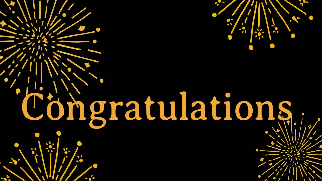 Animation of congratulations text and fireworks on black background