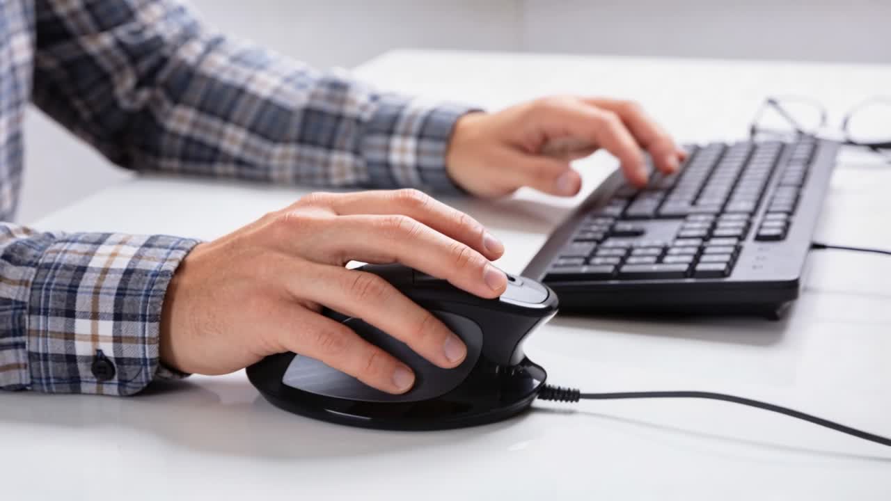 Starting plaid-shirted worker clicking vertical mouse and typing on keyboard at desk, with glasses