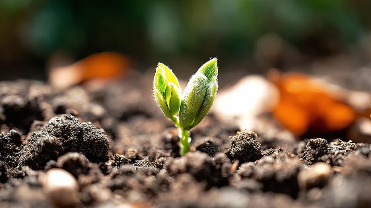 Un nuovo inizio: il ciclo vitale di una piantina che germoglia emergendo dalla terra ricca di nutrienti, cresce verso la luce del sole, simboleggiando speranza e rinnovamento nella natura