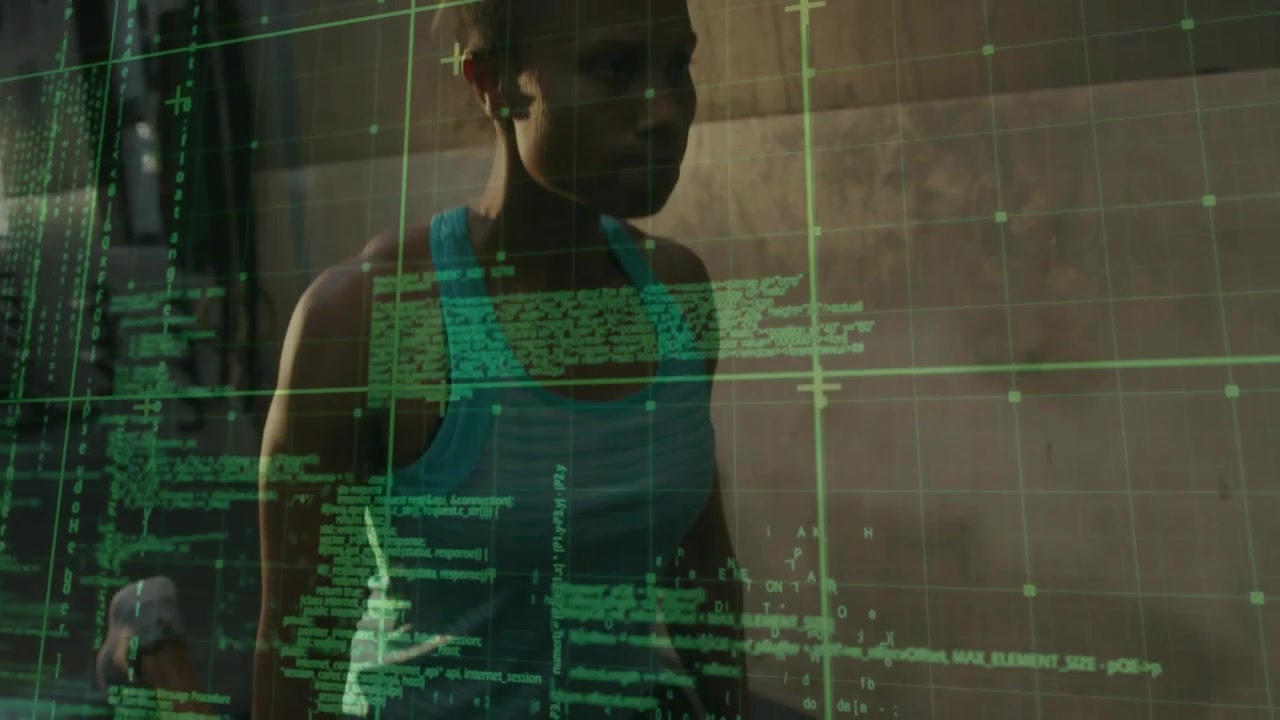 Woman stepping up holding hex dumbbell in gym, green HUD grid tracking motion for strength