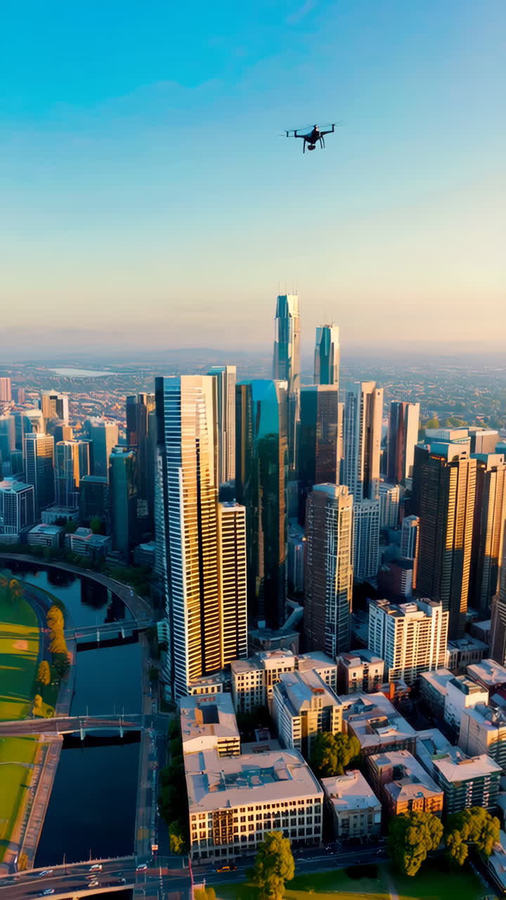 Aerial View of a Modern City Skyline at Sunrise/Sunset with a Drone