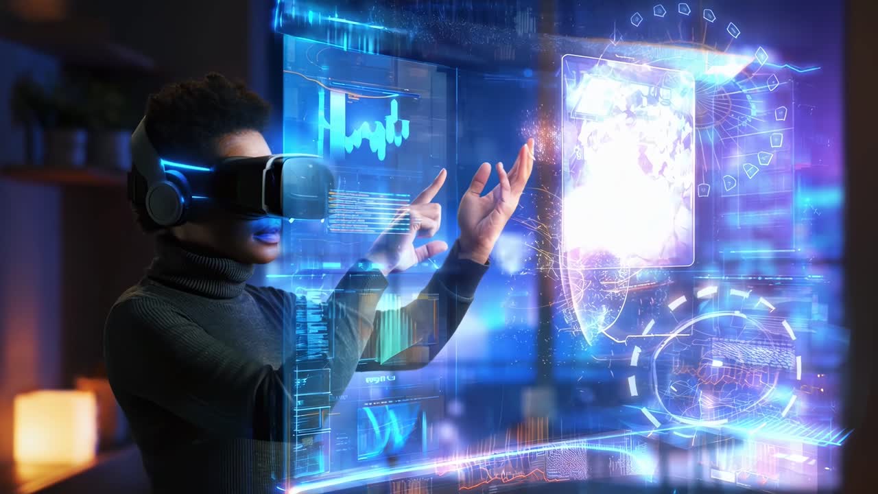 Futuristic video concept with a side angle of a person using VR in a digital interface