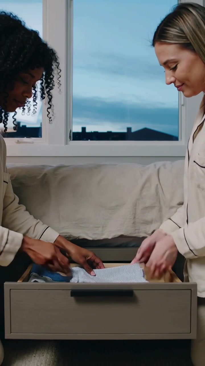 Vertical video: Passing striped shirt, two women in pjs kneeling at bedroom drawer, tidying clothes