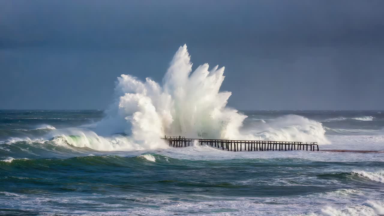 Waves crashing on a pier during a storm