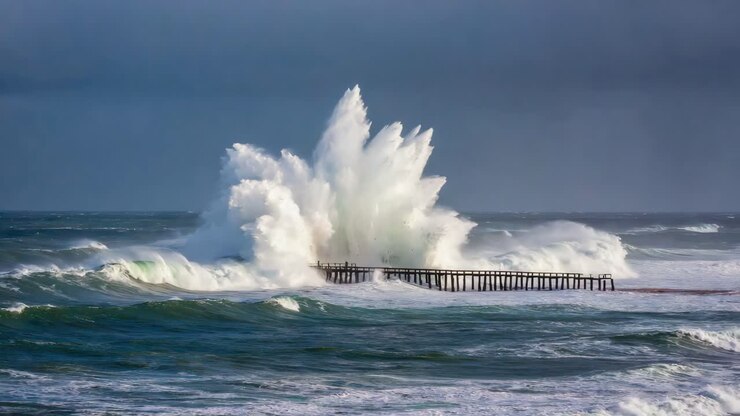 Vagues déferlant sur une jetée pendant une tempête