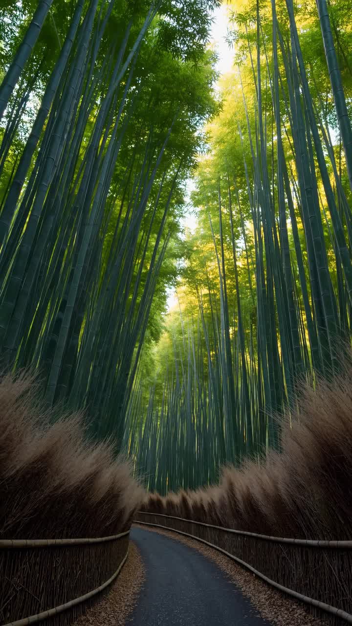A mesmerizing upward angle captures a serene bamboo forest path, ideal for a tranquil nature video