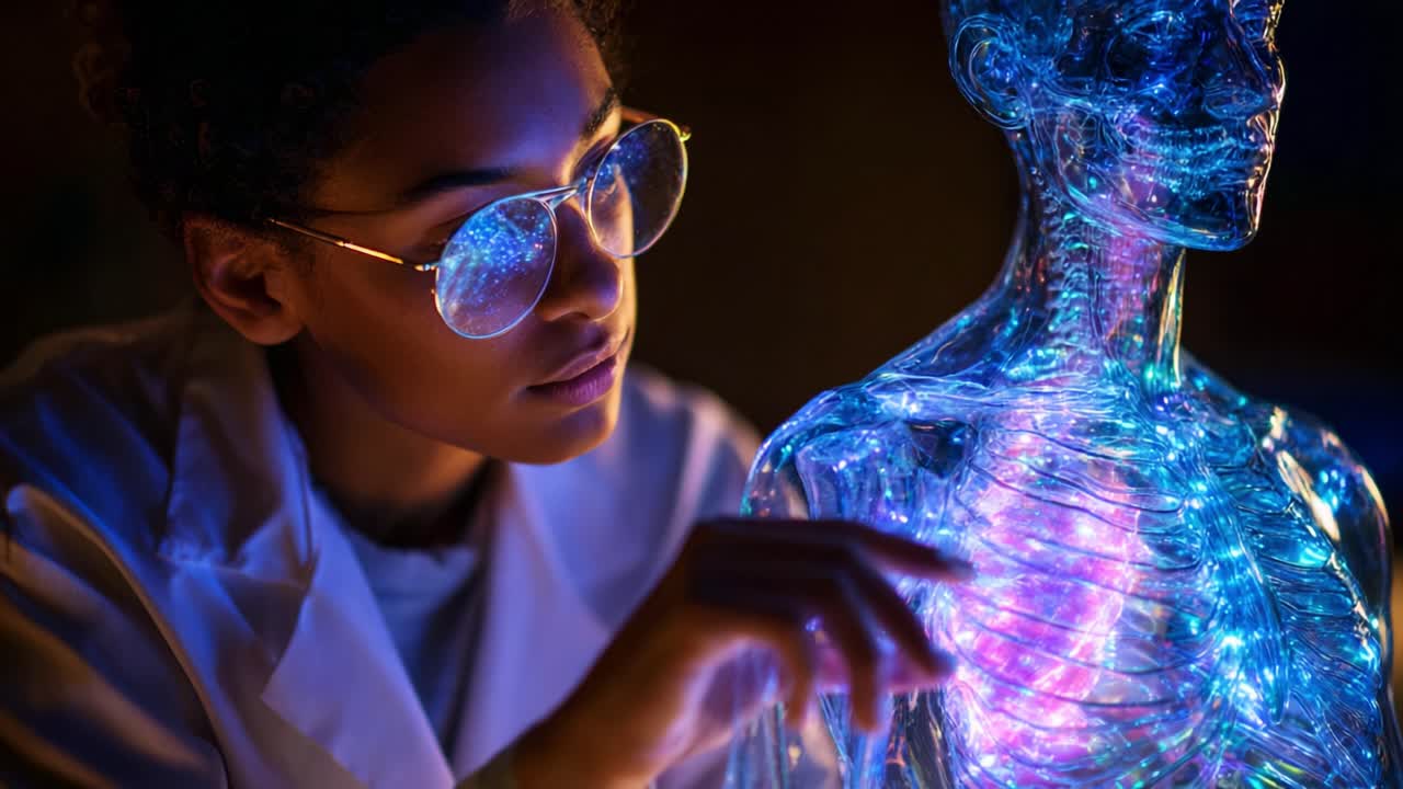 Exploring Human Anatomy: A Scientist Analyzes an Illuminated 3D Model of the Human Body with a Fascinating Glow, Pioneering the Frontiers of Medical Discovery and Innovation