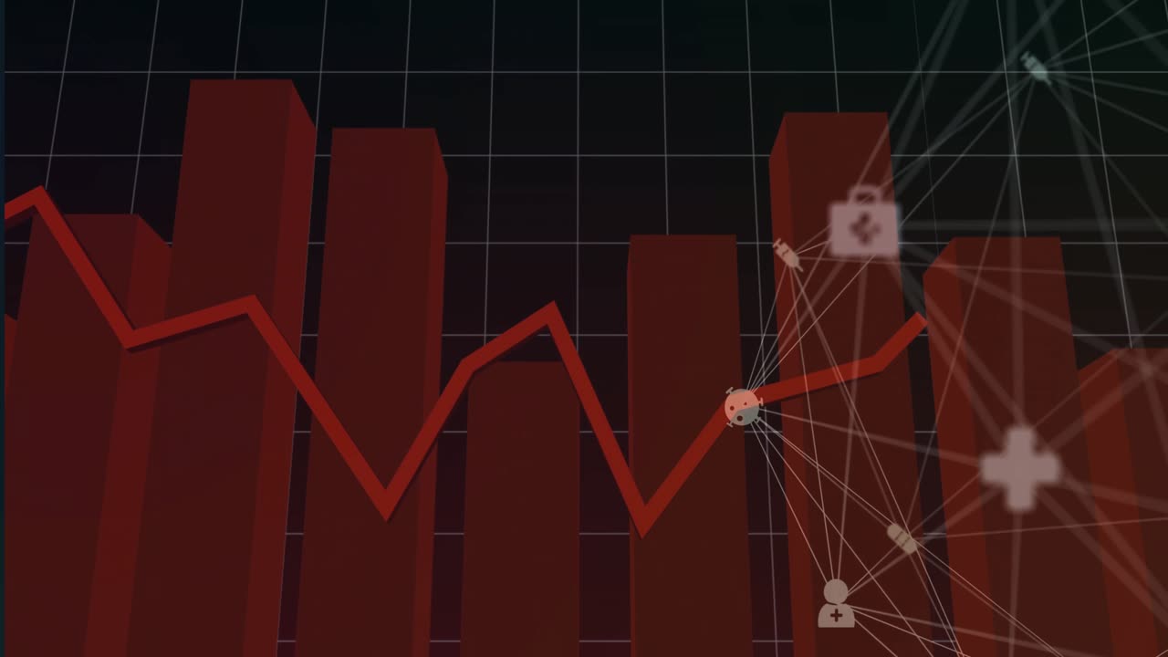 Grid appearing triggers red bars rising with line animating, mesh and icons emerging to show data