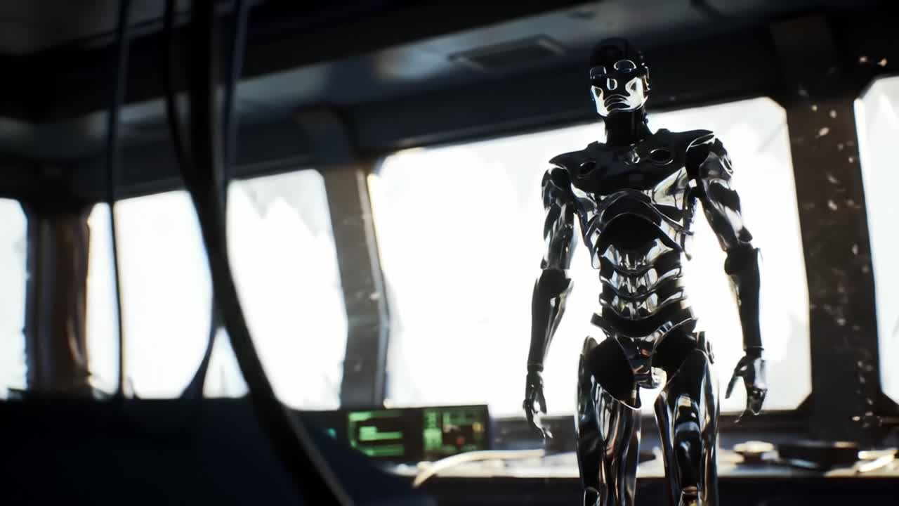 A Futuristic Robot Stands Vigilantly in a High-Tech Control Room, Surrounding by Advanced Technology and a Bright Horizon Beyond the Windows