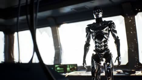 a futuristic robot stands vigilantly in a high-tech control room, surrounding by advanced technology and a bright horizon beyond the windows
