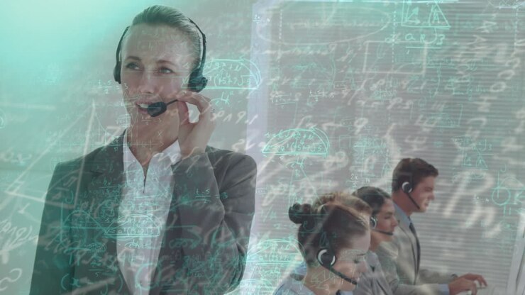 Animazione di operazioni matematiche su professionisti che indossano cuffie telefoniche.