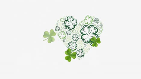 animation of multiple clover leaves falling and forming pulsating heart on white background