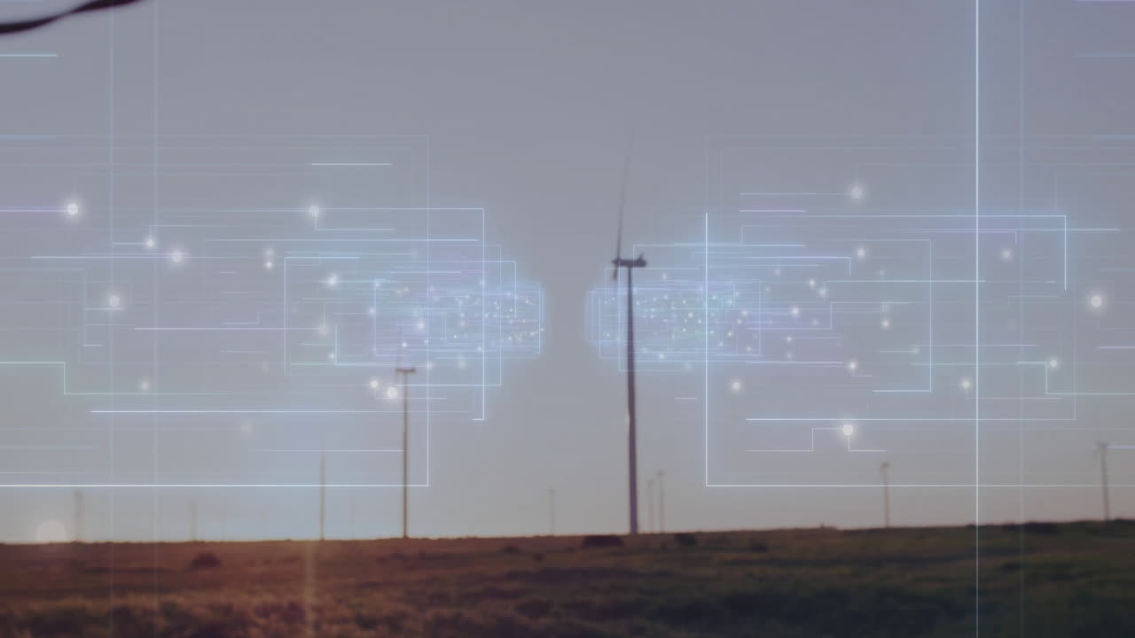 Flat design wind turbine rotating on grassy plain while glowing network lines intersecting sky