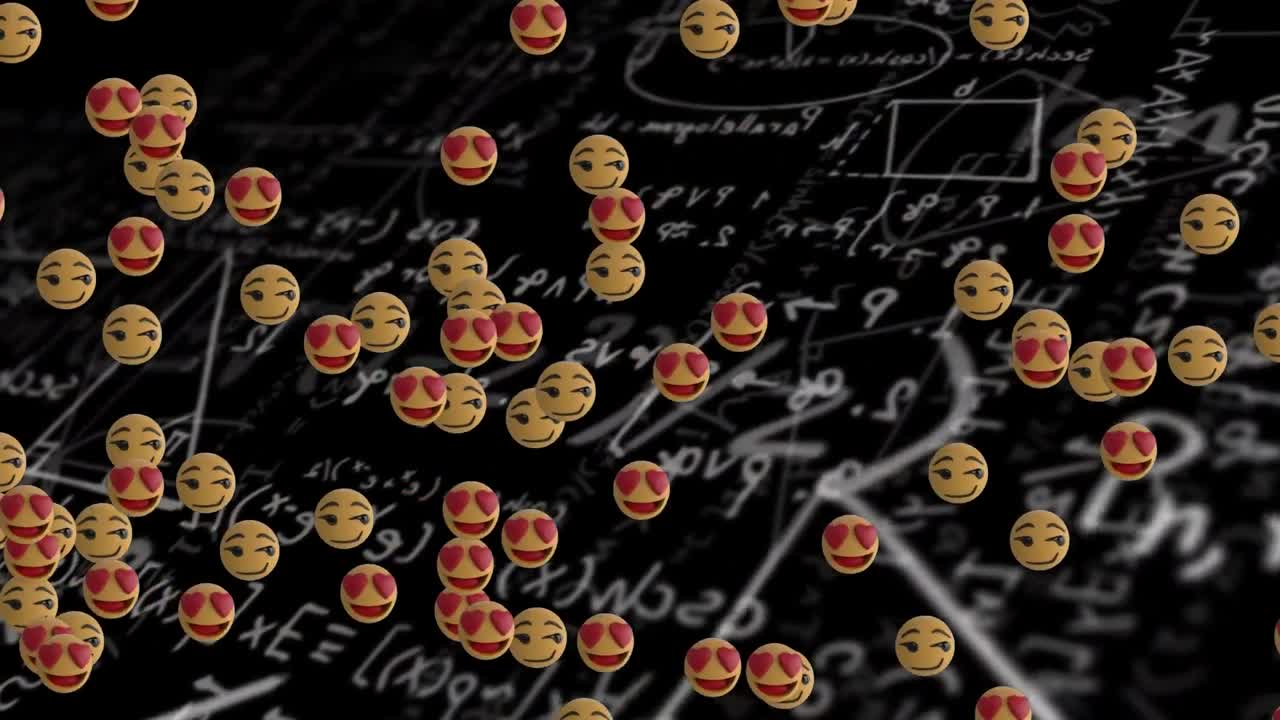 анимация смайликов, плавающих над математическими формулами на черном фоне