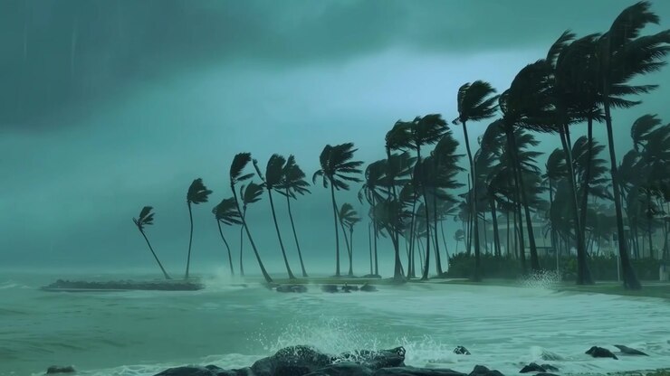 Hurricane Force Winds and Rain Lash Palm Trees on a Coastal Beach