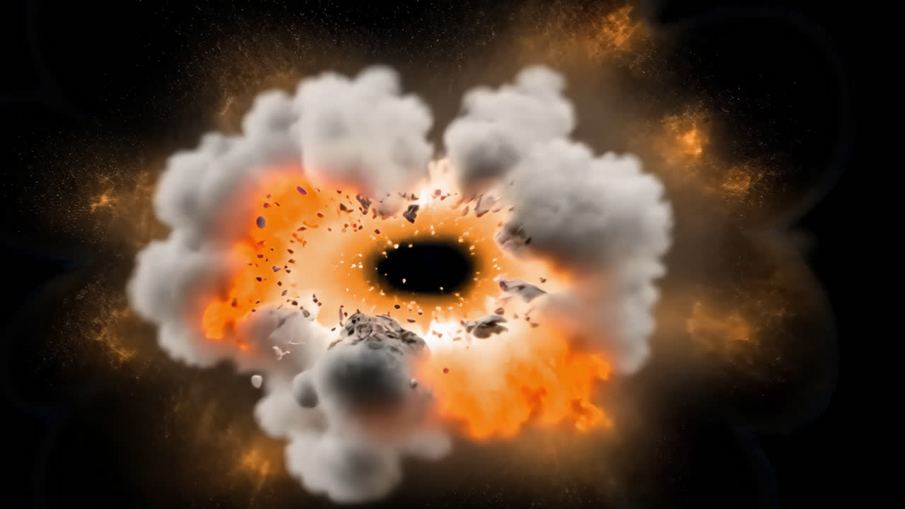 Explosive cosmic debris collision animated overlay, transparent 4K video, alpha channel, ProRes 4444