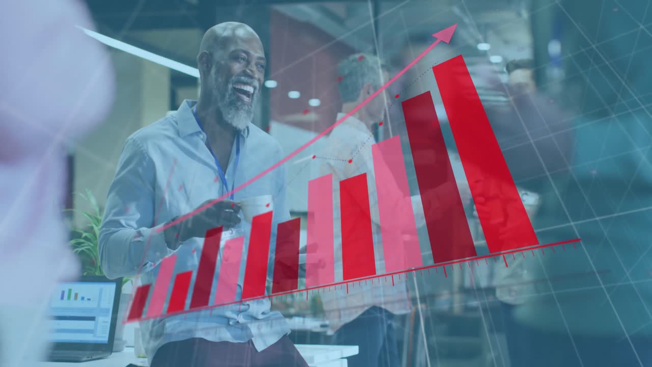 Animation of financial data processing over diverse business people in office