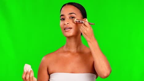 Green-screen,-makeup-and-woman-face-with-brush