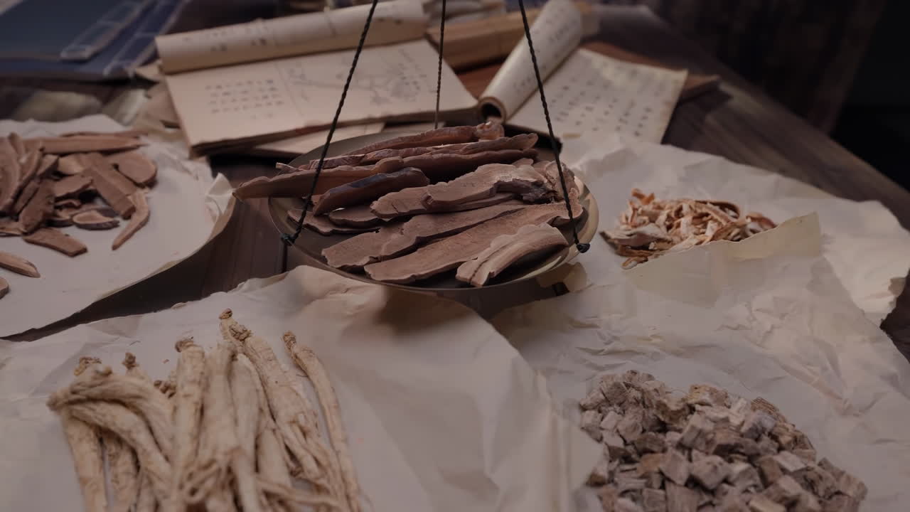 Chinese herbal medicine and Ginseng selection on calligraphy background for advertising, photography traditional content