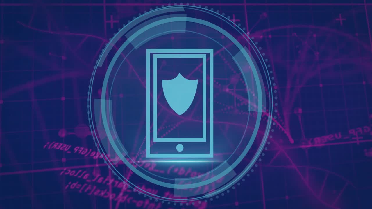 Swirling lines forming shield with Cybersecurity text switching to rotating rings scanning phone