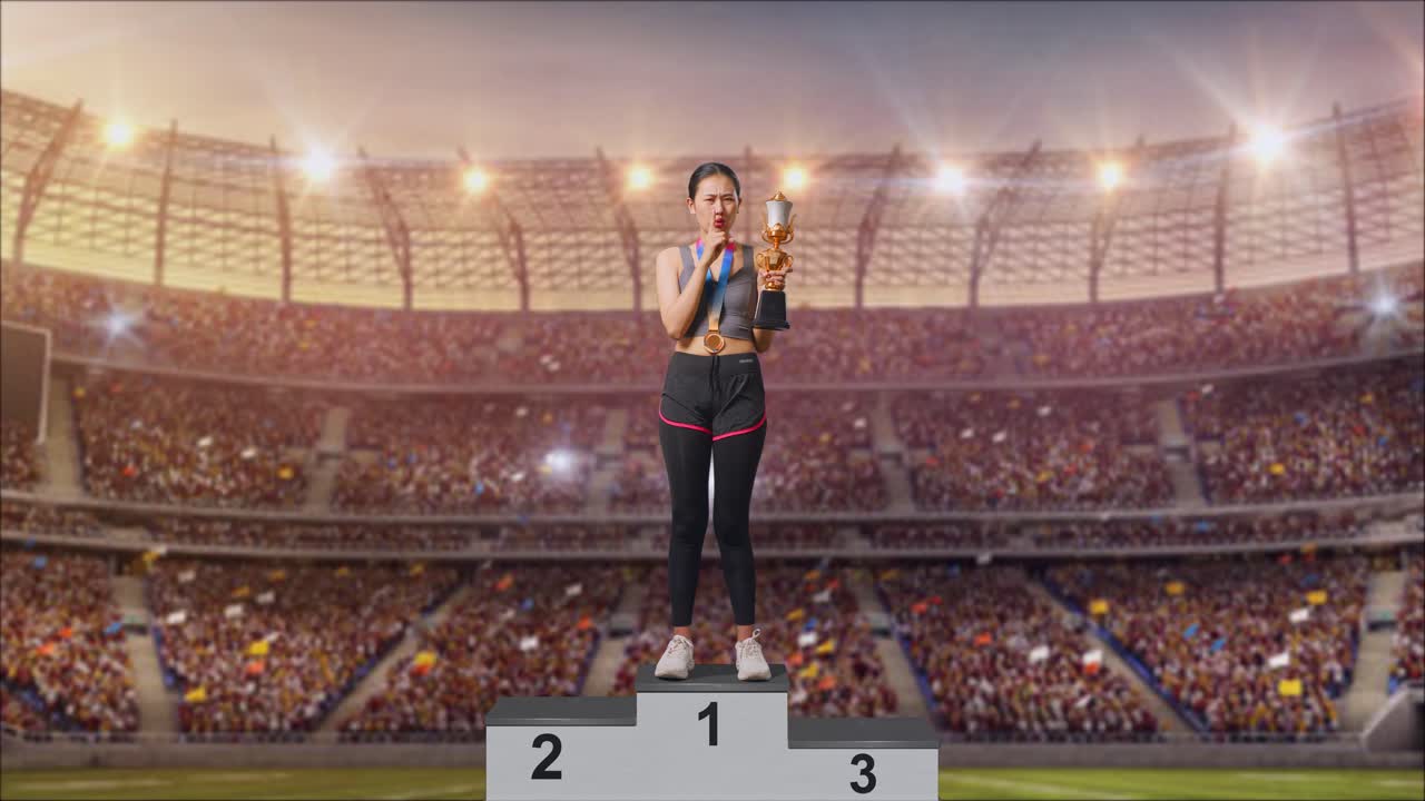 cuerpo lleno de mujer asiática con una medalla de oro y trofeo haciendo shh gesto diciendo que es un secreto para ganar como el primer ganador en el estadio