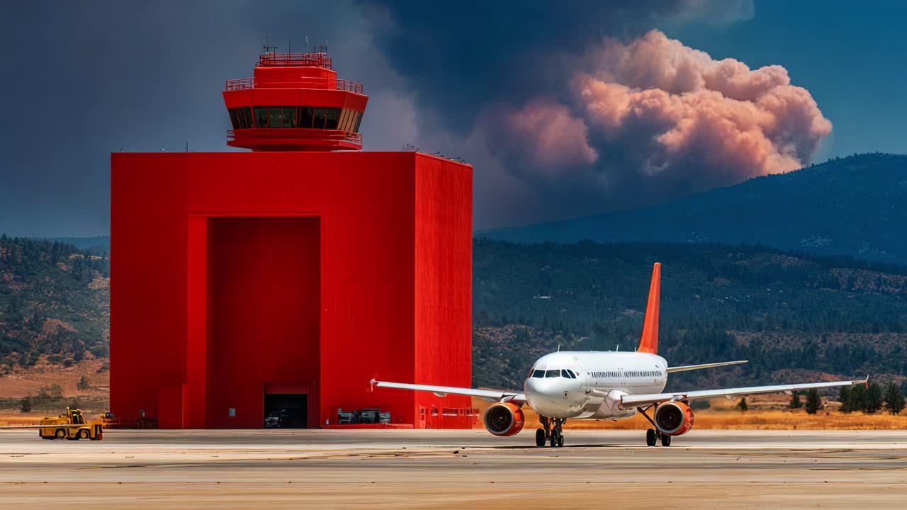 An airplane prepares for takeoff in front of a striking red hangar as smoke billows in the background, illustrating the juxtaposition of aviation and environmental challenges