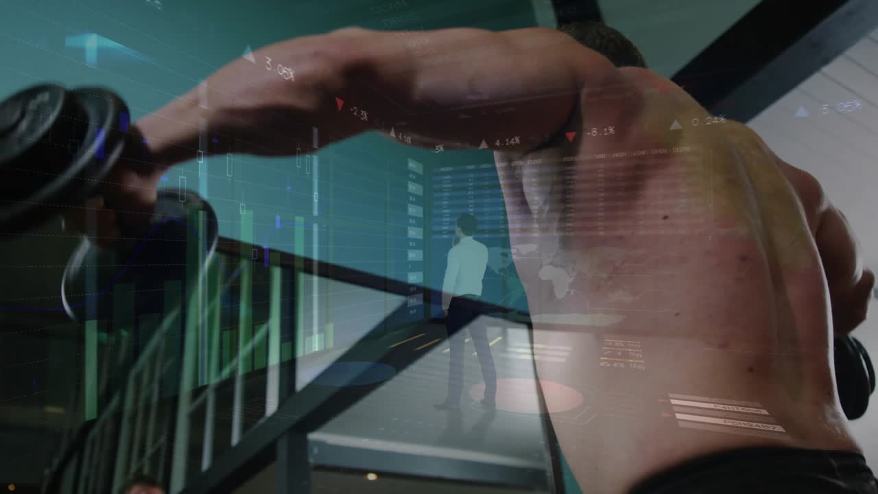 Lead lifter starting rep doing lateral raises with weights in gym, chart mapping shoulder strength