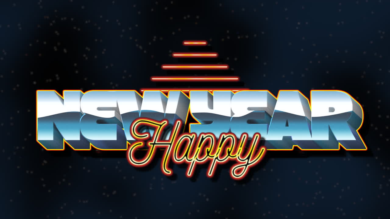 texto de feliz año nuevo con triángulos y estrellas en la galaxia oscura