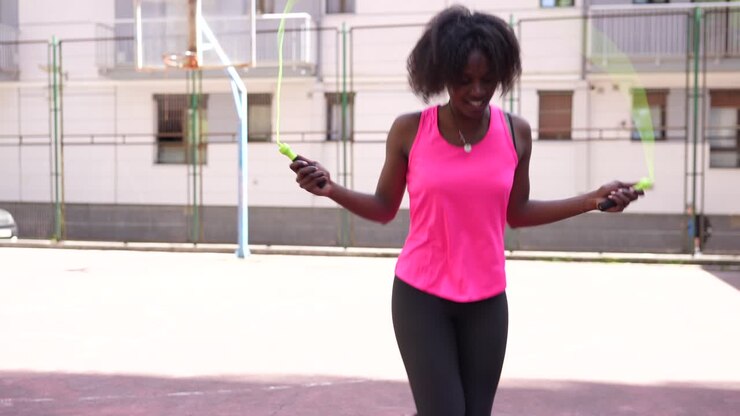 Donna che salta la corda su un campo da basket