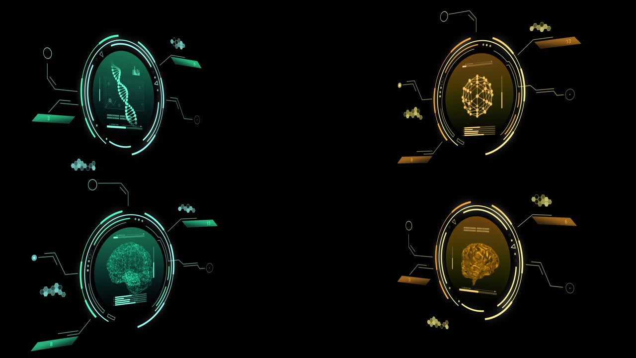 animación de visores y procesamiento de datos científicos sobre un fondo negro