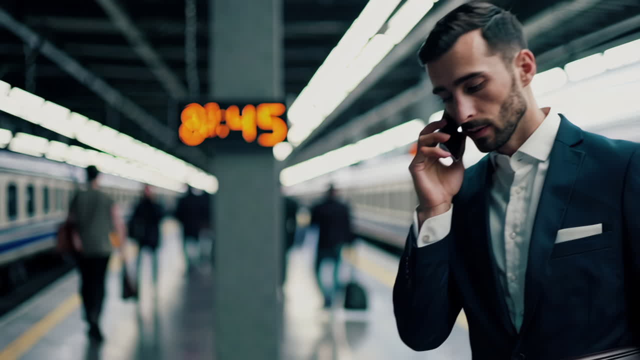hombre de negocios hablando por teléfono en la estación de tren