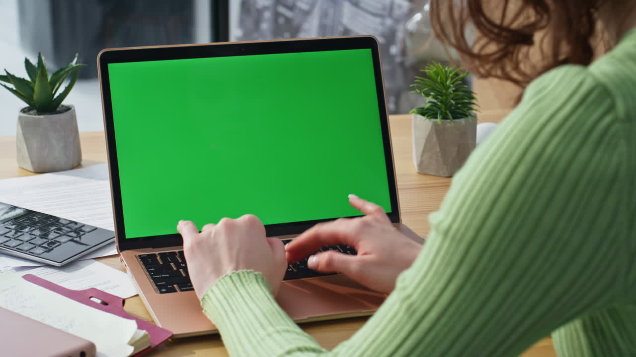 Closeup woman fingers texting green screen laptop cabinet. Ceo pressing buttons