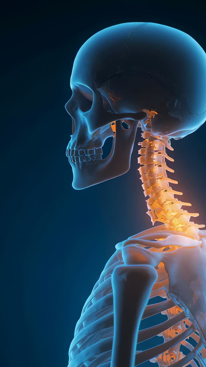 Vertical video: Initiating orange glow at neck, skeleton model shifting from blue in dark backdrop