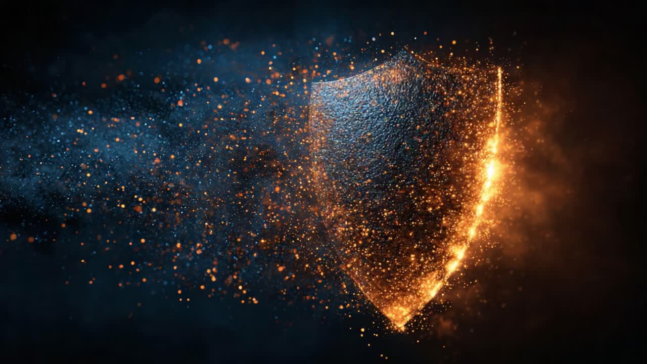 A Stunning Visual Representation of a Shield Emerging from the Dark, Surrounded by Flames and Particles, Symbolizing Protection and Strength in a Dynamic Atmosphere