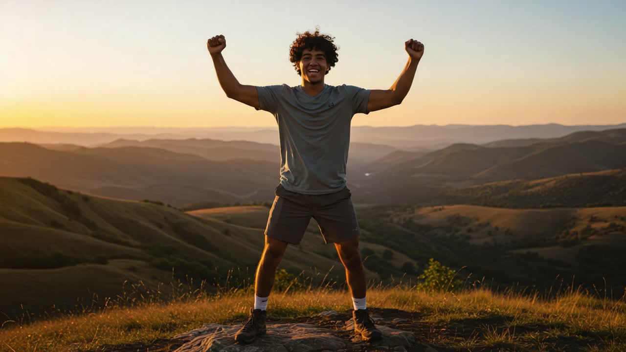 Celebrating Achievement: A Young Man with Curly Hair Expresses Joy and Triumph on a Mountain Top During Sunset, Surrounded by Majestic Landscape