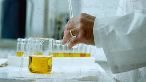 pouring liquid into beaker, scientist working in lab with chemical formulas animation