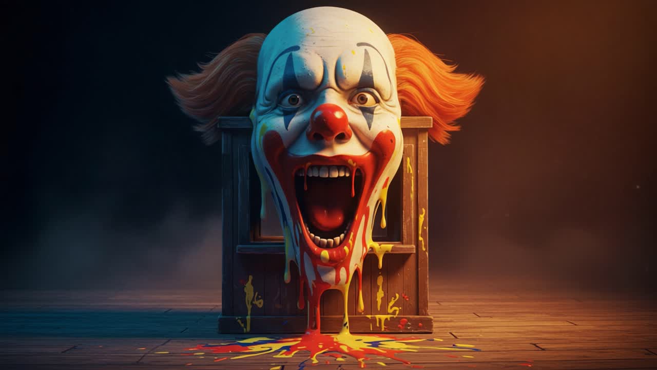A Sinister Clown Head with an Open Mouth Erupting with Colorful Paint in a Dimly Lit Room, Creating an Eerie and Disturbing Atmosphere of Fear and Unease
