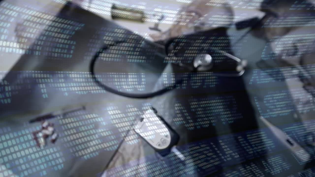 animación del procesamiento de datos sobre la caída de la prueba de covid-19 en equipos médicos y rayos x