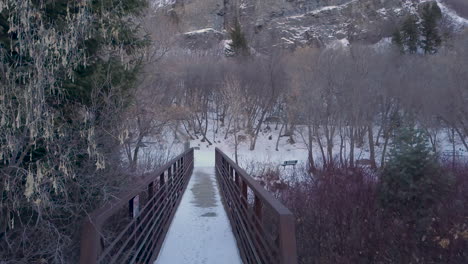 walking across a bridge covered with snow and then turning to look at the rushing river below - point of view