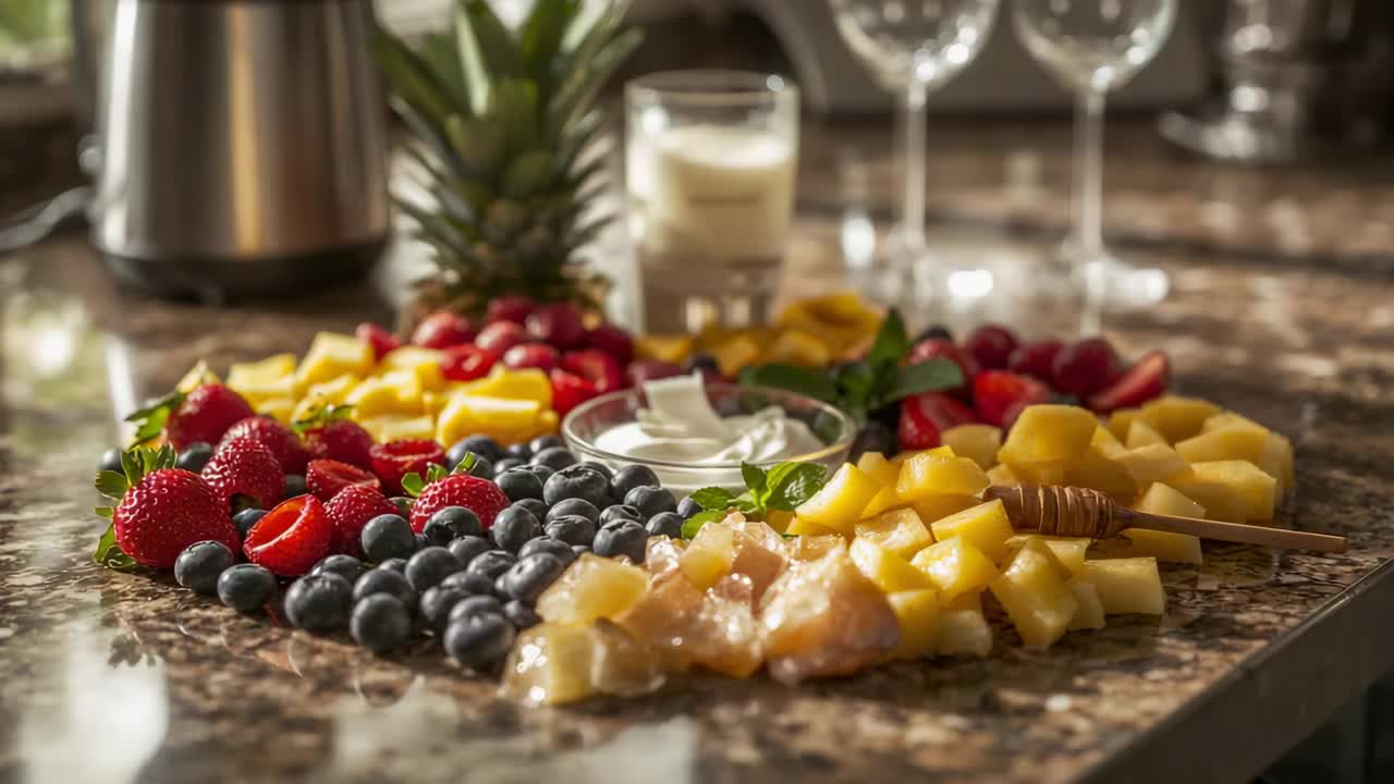Skyvekamera som avslører tallerken med frukt og dipp på kjøkkenbenken hjemme med honningdipper, som viser glans