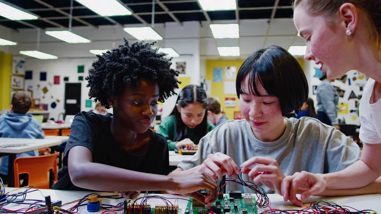 High-angle video shot of diverse students collaborating on electronics in a classroom