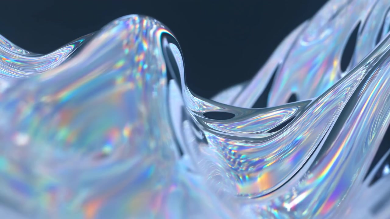 Abstract close-up of smooth translucent waves with rainbow highlights, glossy reflections, and fluid curved forms creating a futuristic dark backdrop